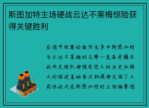 斯图加特主场硬战云达不莱梅惊险获得关键胜利