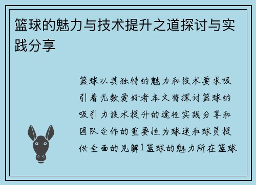 篮球的魅力与技术提升之道探讨与实践分享