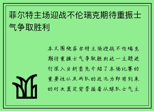 菲尔特主场迎战不伦瑞克期待重振士气争取胜利