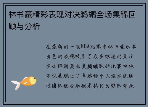 林书豪精彩表现对决鹈鹕全场集锦回顾与分析