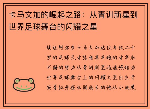 卡马文加的崛起之路：从青训新星到世界足球舞台的闪耀之星
