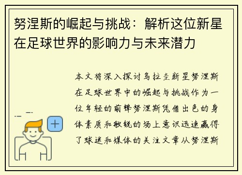 努涅斯的崛起与挑战：解析这位新星在足球世界的影响力与未来潜力