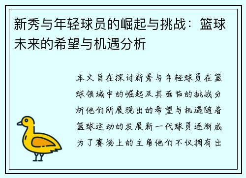 新秀与年轻球员的崛起与挑战：篮球未来的希望与机遇分析