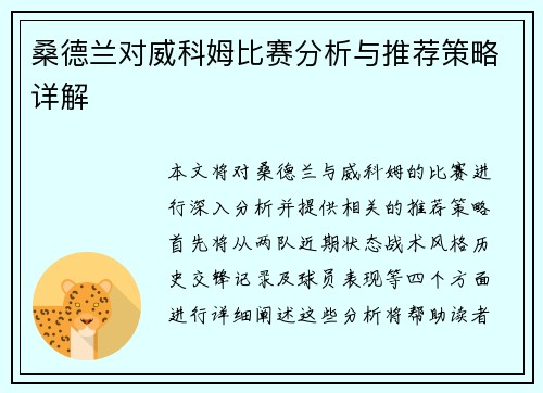 桑德兰对威科姆比赛分析与推荐策略详解