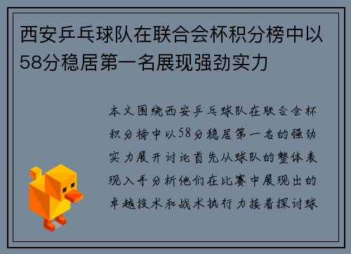 西安乒乓球队在联合会杯积分榜中以58分稳居第一名展现强劲实力