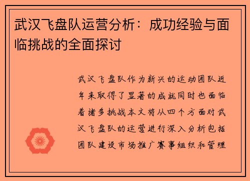 武汉飞盘队运营分析：成功经验与面临挑战的全面探讨