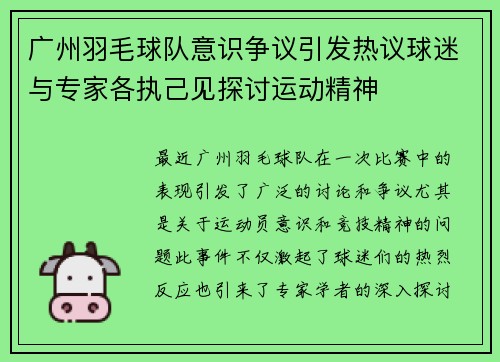 广州羽毛球队意识争议引发热议球迷与专家各执己见探讨运动精神